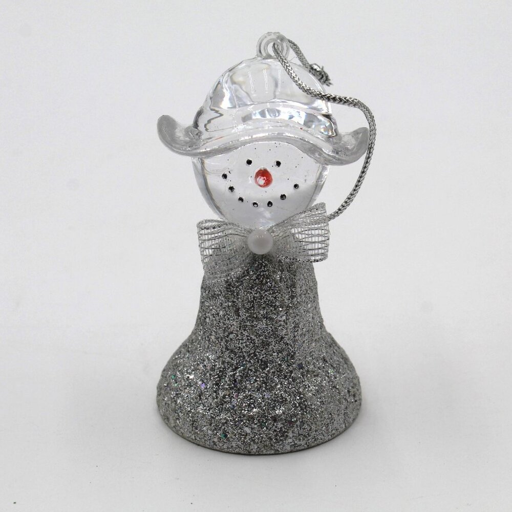 Clear Resin Hanging Snowman Christmas Ornament With Glittery Bell Shaped Body